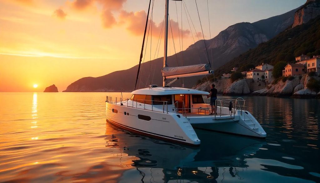 Eco-friendly yacht with solar panels during climate influence on sailing locations in the Mediterranean.